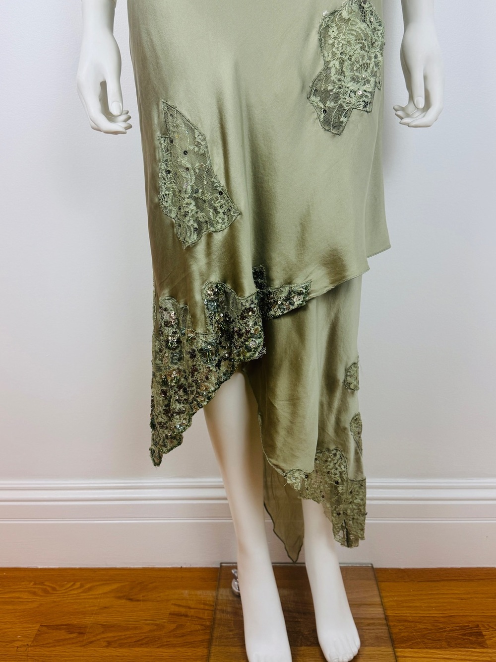 Vintage Alberto Makali Green Silk Beaded Sequin Lace Fairy Dress - Picture 5 of 12